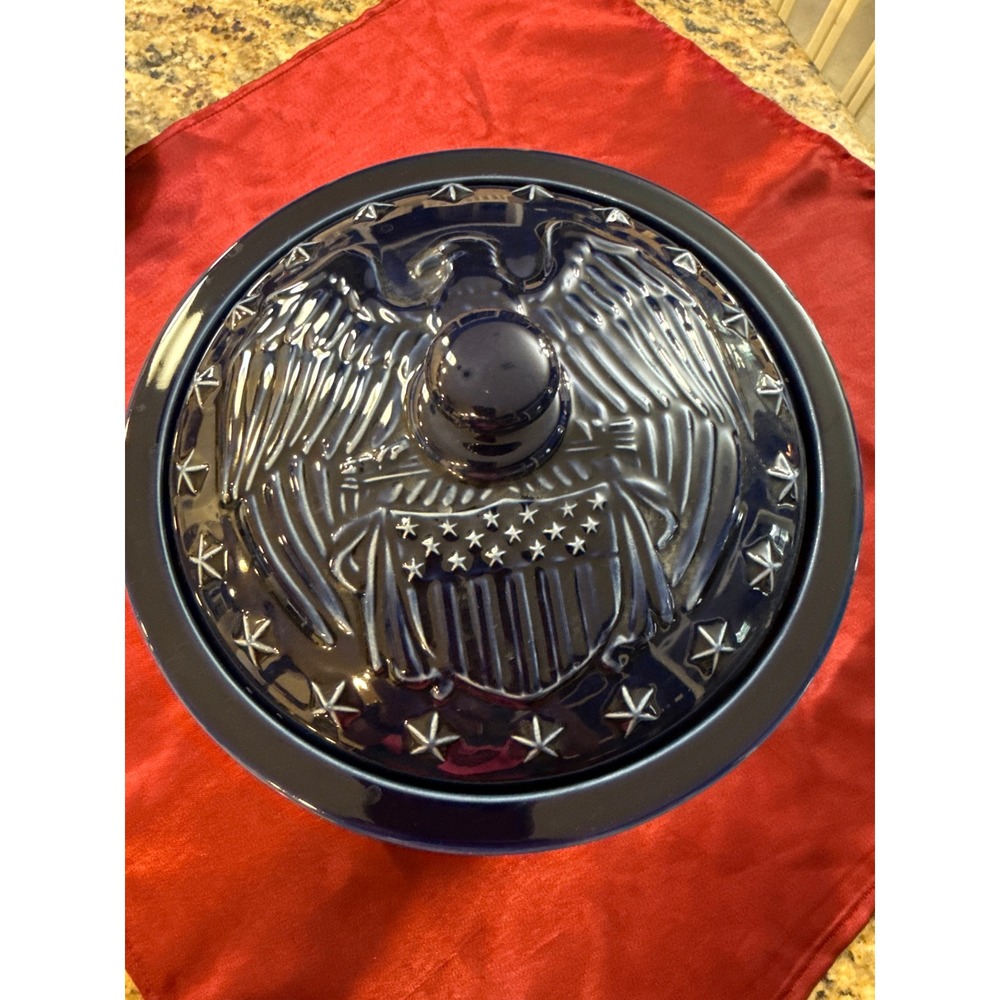 Longaberger Pottery American Eagle Lidded Casserole Dish Navy Blue Stars USA